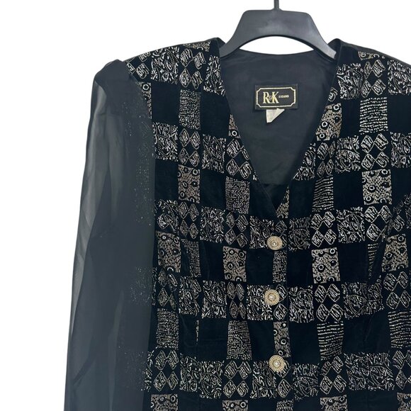 VINTAGE 90' R&K Evenings Black & Gold Sheer Sleeve Buttoned Blouse SZ X-Large - Picture 2 of 13